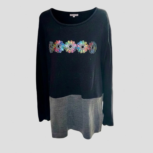 Upcycled Sweaters - Floral Embroidered Black and Gray Sweater